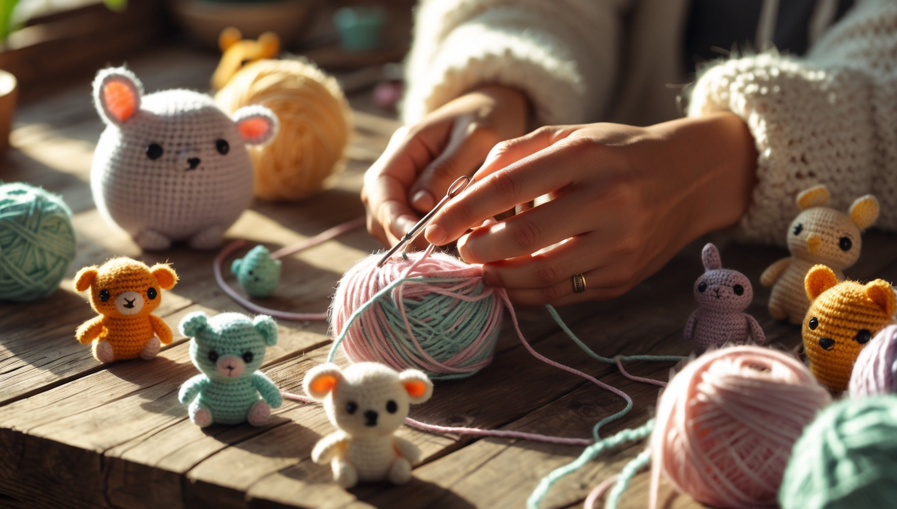 Manos creativas tejiendo amigurumi a crochet con hilo de colores pastel en un ambiente artesanal cálido
